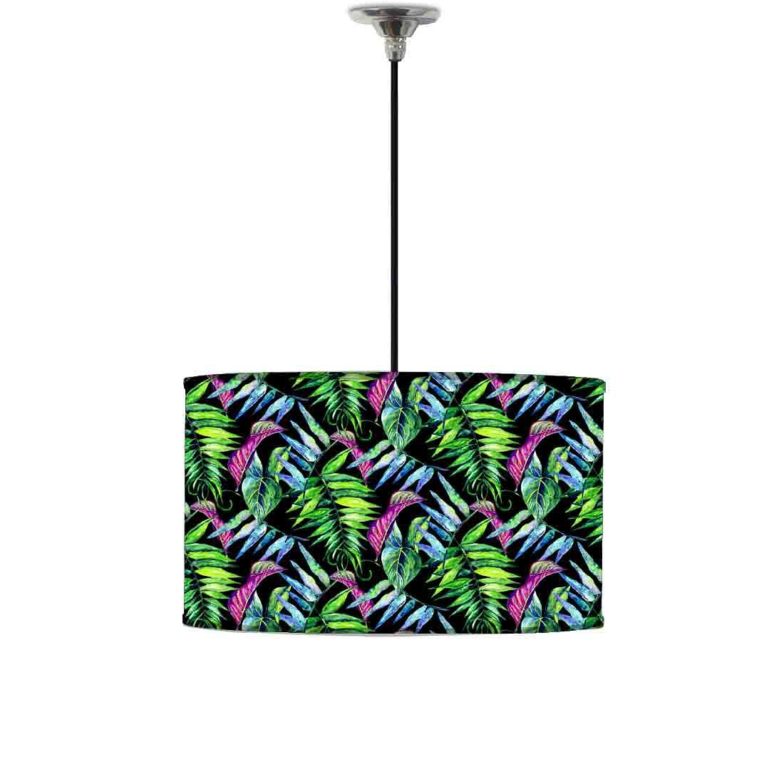 Ceiling Lamp Hanging Drum Lampshade - Purple And Green Tropical Leaf
