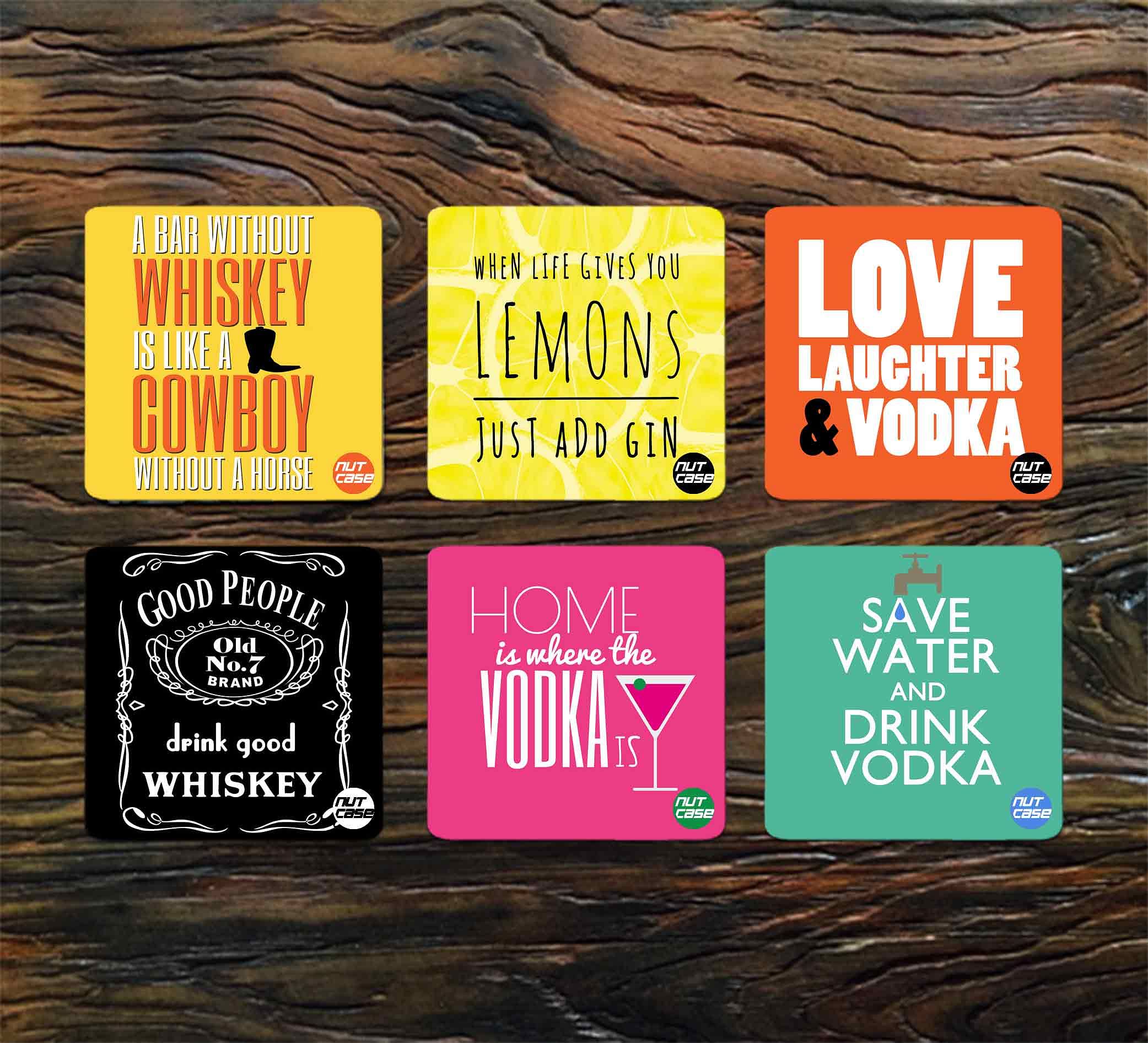 Designer Metal Coasters for Bar Pack of 6 - Drink Vodka