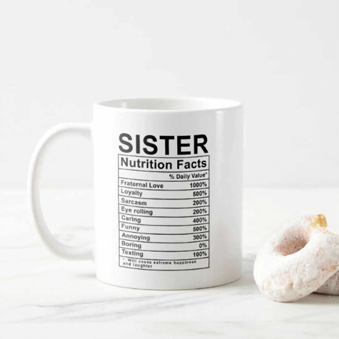 Coffee Tea Cup For Sister -Funny Ceramic White Mug 330 ML- Nutrition Facts - Image 2