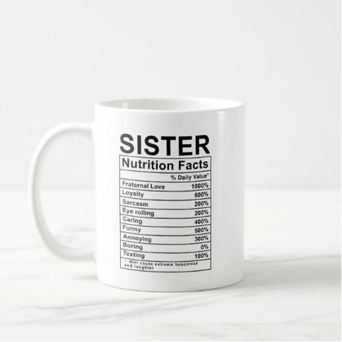 Coffee Tea Cup For Sister -Funny Ceramic White Mug 330 ML- Nutrition Facts - Image 3