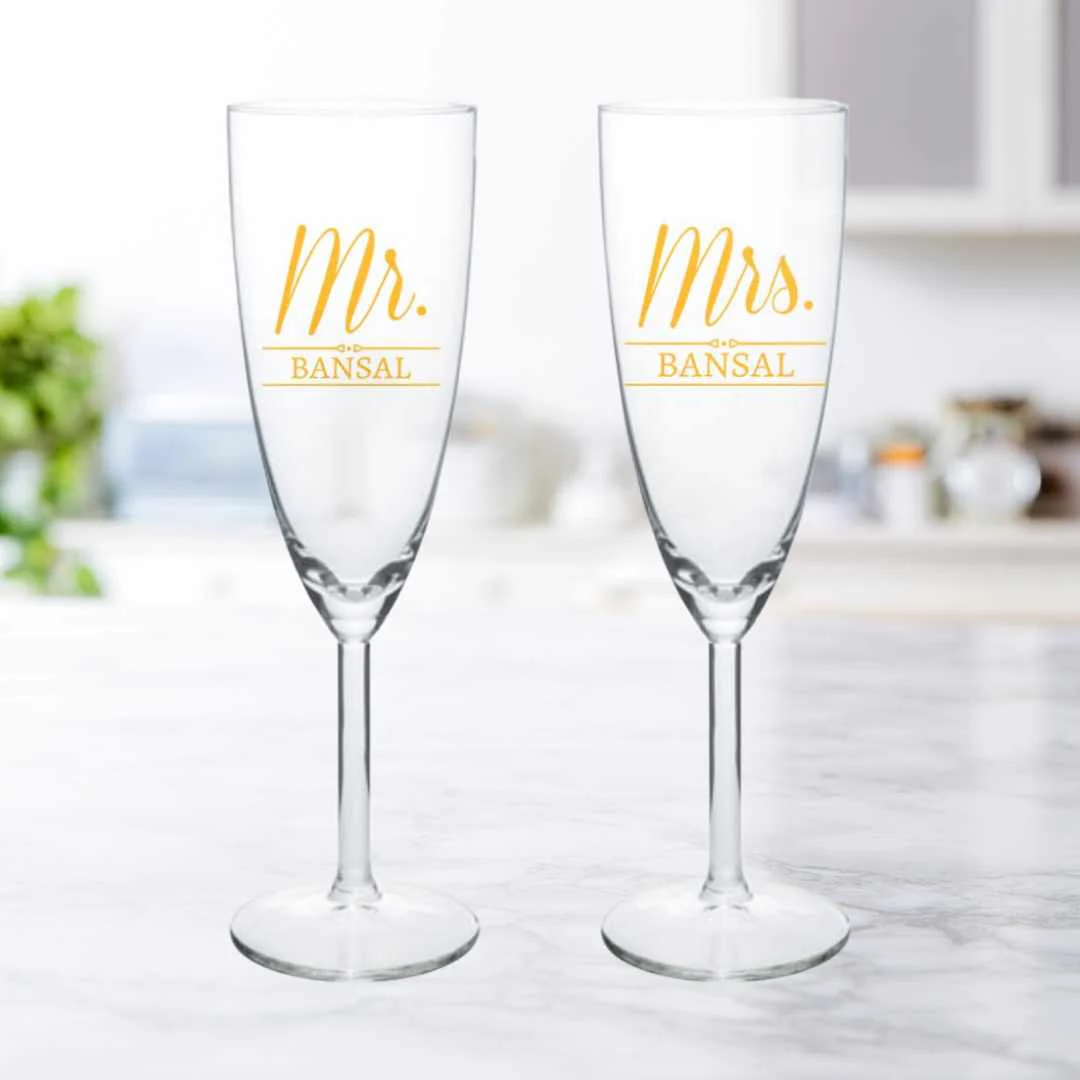 Mr and Mrs Champagne Glasses Flute Glass Set of 2 - Wedding Anniversary Gifts