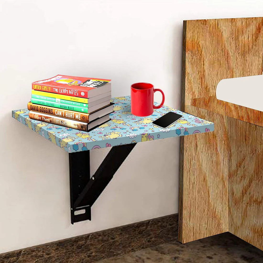 Fold Down Wall Hung Bedside Table with Desk - Baby Unicorn - Image 3