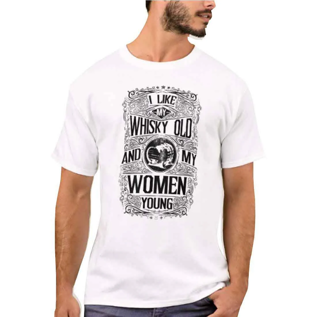 Nutcase Designer Round Neck Men's T-Shirt Wrinkle-Free Poly Cotton Tees - Whiskey Old Women Young