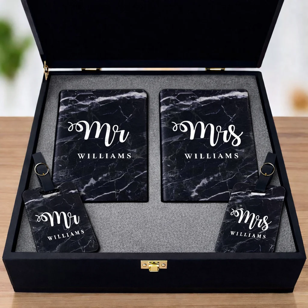 Couple Passport Holder Luggage Tag Gift Box- Mr Mrs Passport Sleeve and Bag Tag Set - Image 12