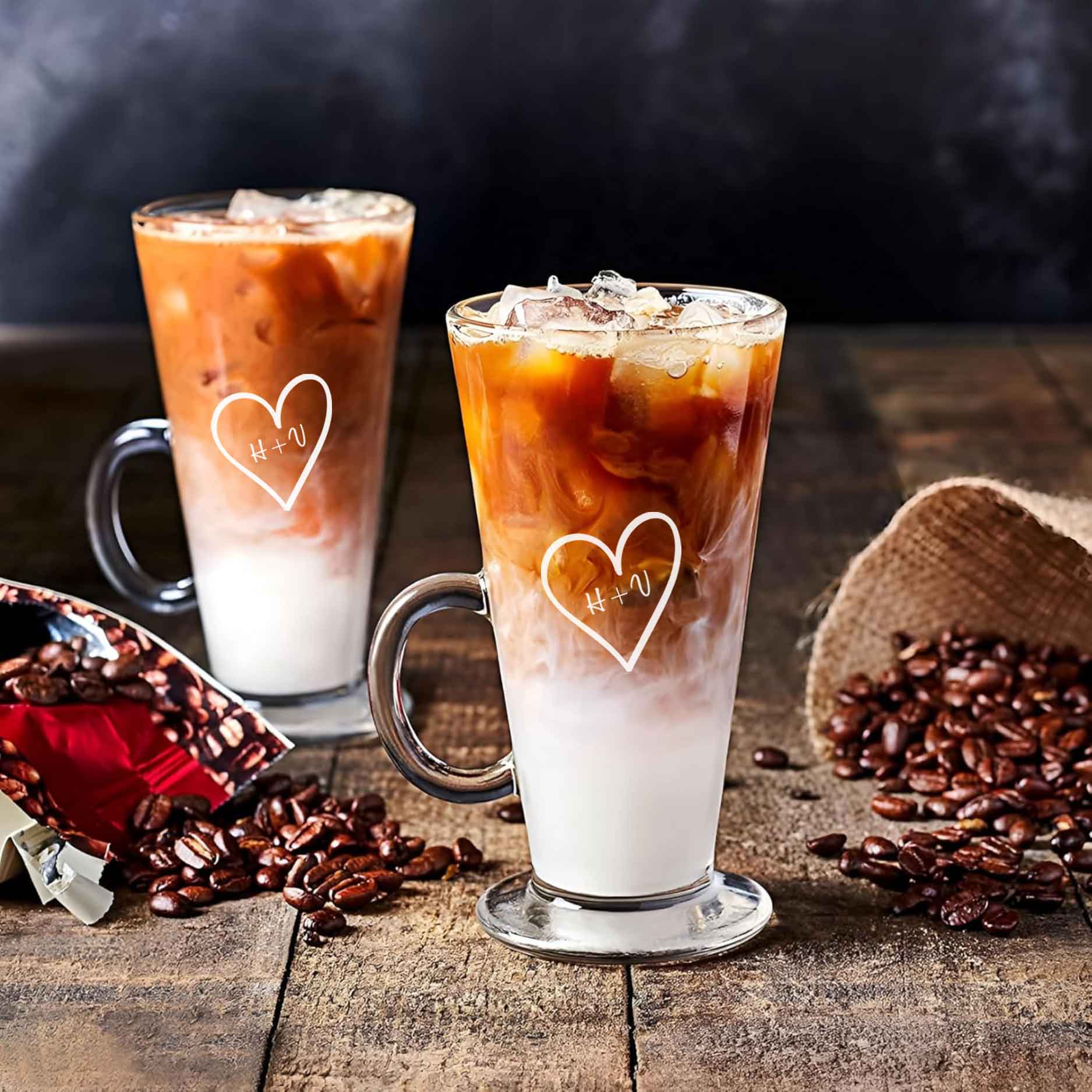 Custom Coffee Cups - Glass Mugs with Handles for Latte, Cappuccino, Iced Coffee, Hot Chocolate - Set of 2, Personalized Couples Coffee Glasses - Image 3