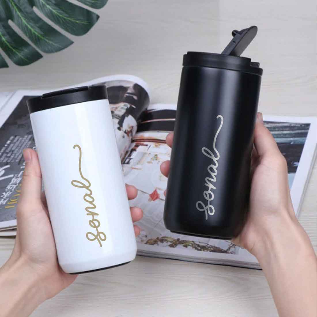 Custom Coffee Tumblers with lid for Travelling Flask Sipper (400 ML) - Name - Image 2