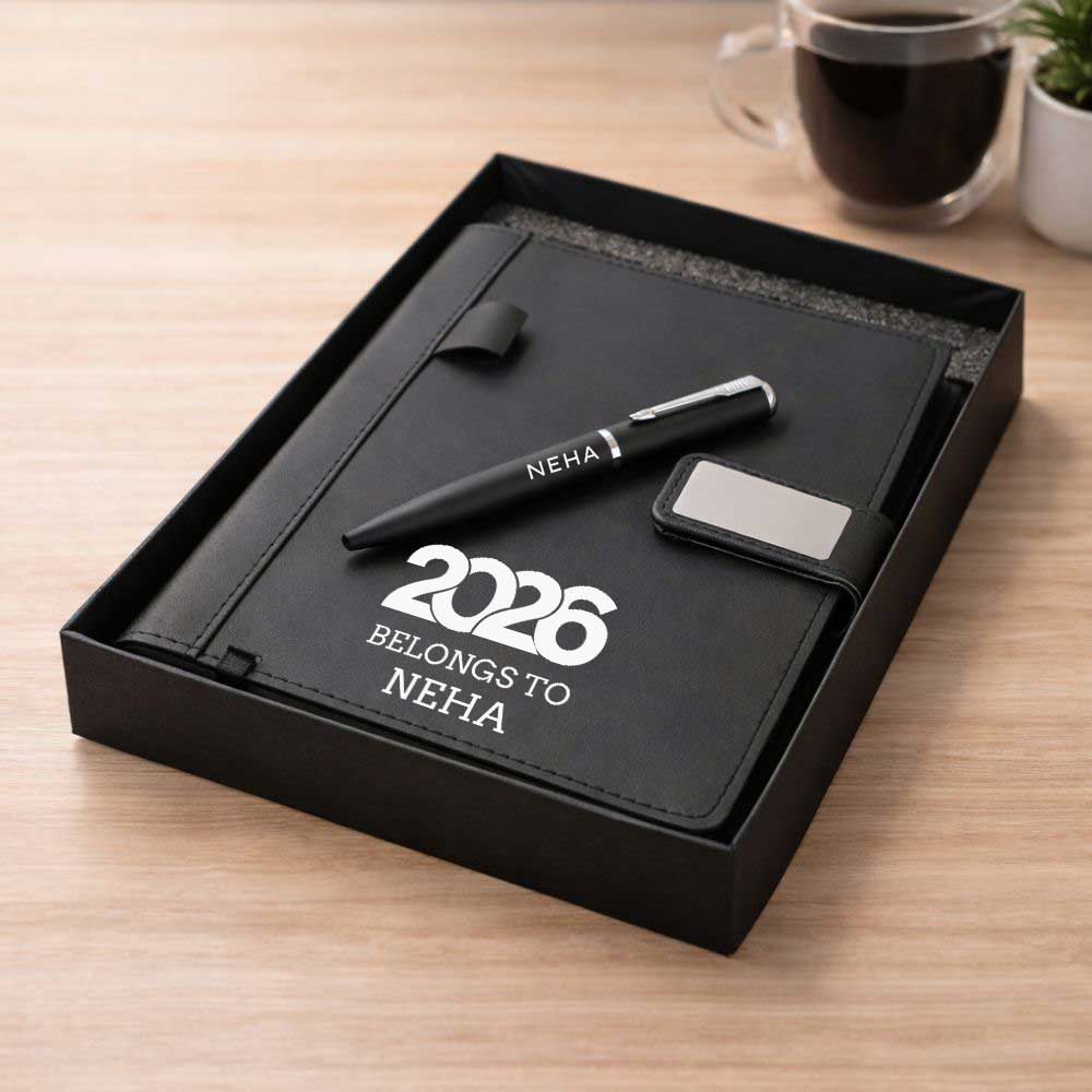 Custom Diary with Matching Engraved Pen | Premium Leatherette Diary with Name Black Gift Box - Image 4