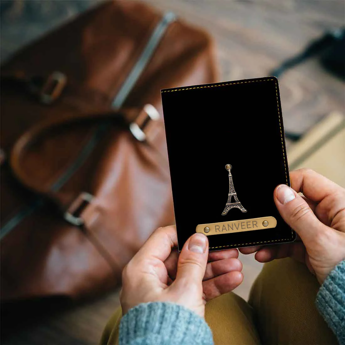 Custom Passport Cover Holder PU Leather with Charm & Name - Paris - Image 7