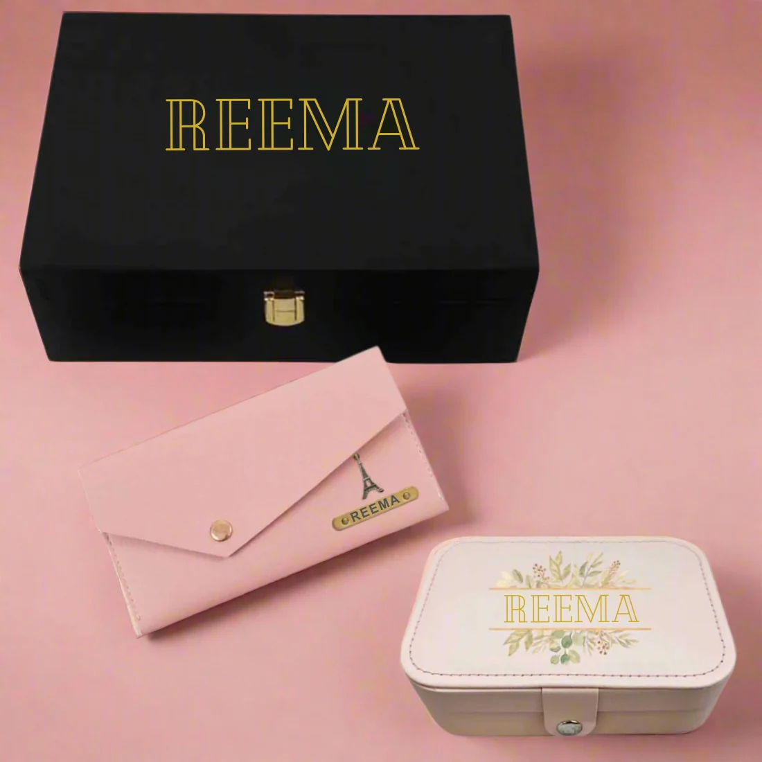 Customised Valentine’s Day Gifts-Personalized Gift Box with Custom Ladies Clutch and Jewellery box