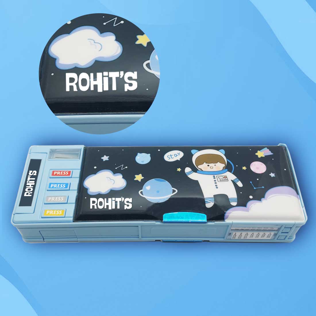 Customize Pencil Box with Name Switch Operated Multi-functional Compass Box for Kids with Press buttons - Image 11