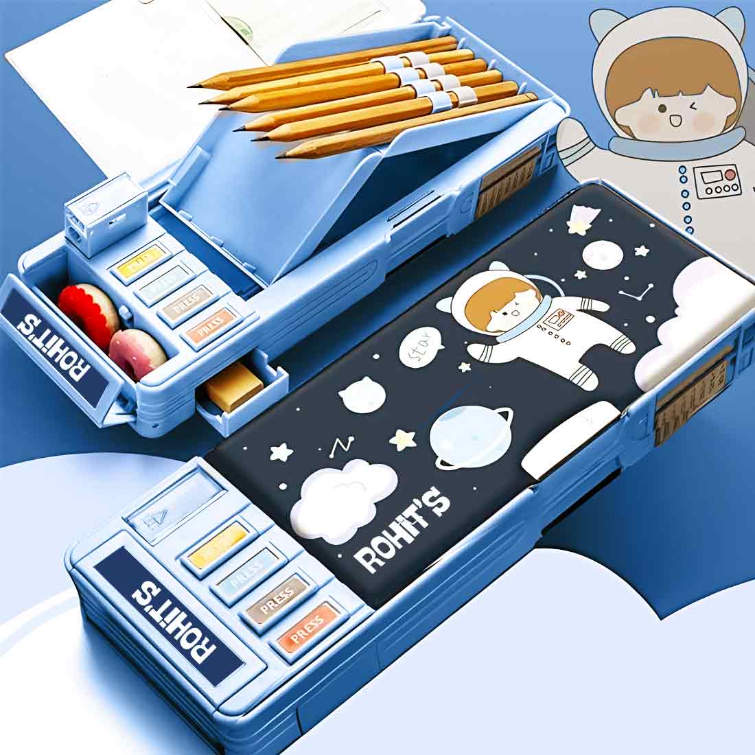 Customize Pencil Box with Name Switch Operated Multi-functional Compass Box for Kids with Press buttons - Image 17