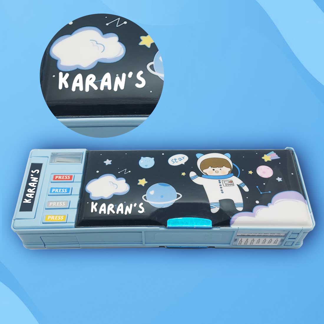 Customize Pencil Box with Name Switch Operated Multi-functional Compass Box for Kids with Press buttons - Image 5