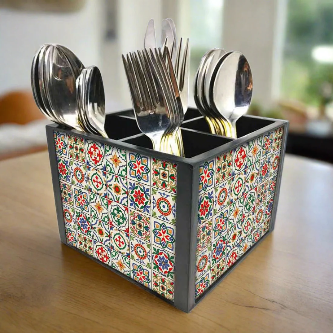 Cutlery Holder Stand Silverware Caddy Organizer for Kitchen - Spanish Tiles