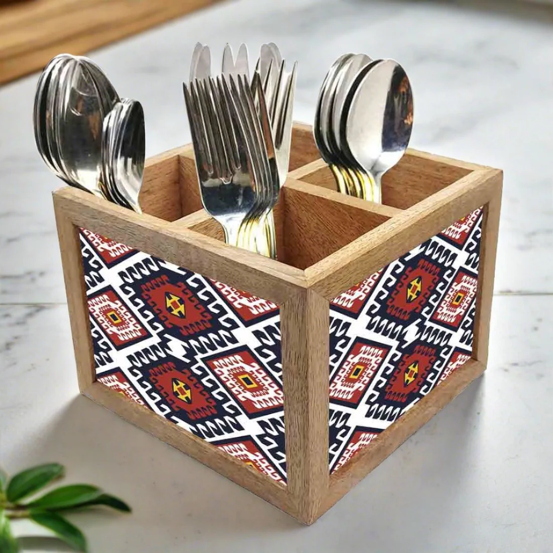 Natural Wooden Cutlery Holder -  Diamond Pattern