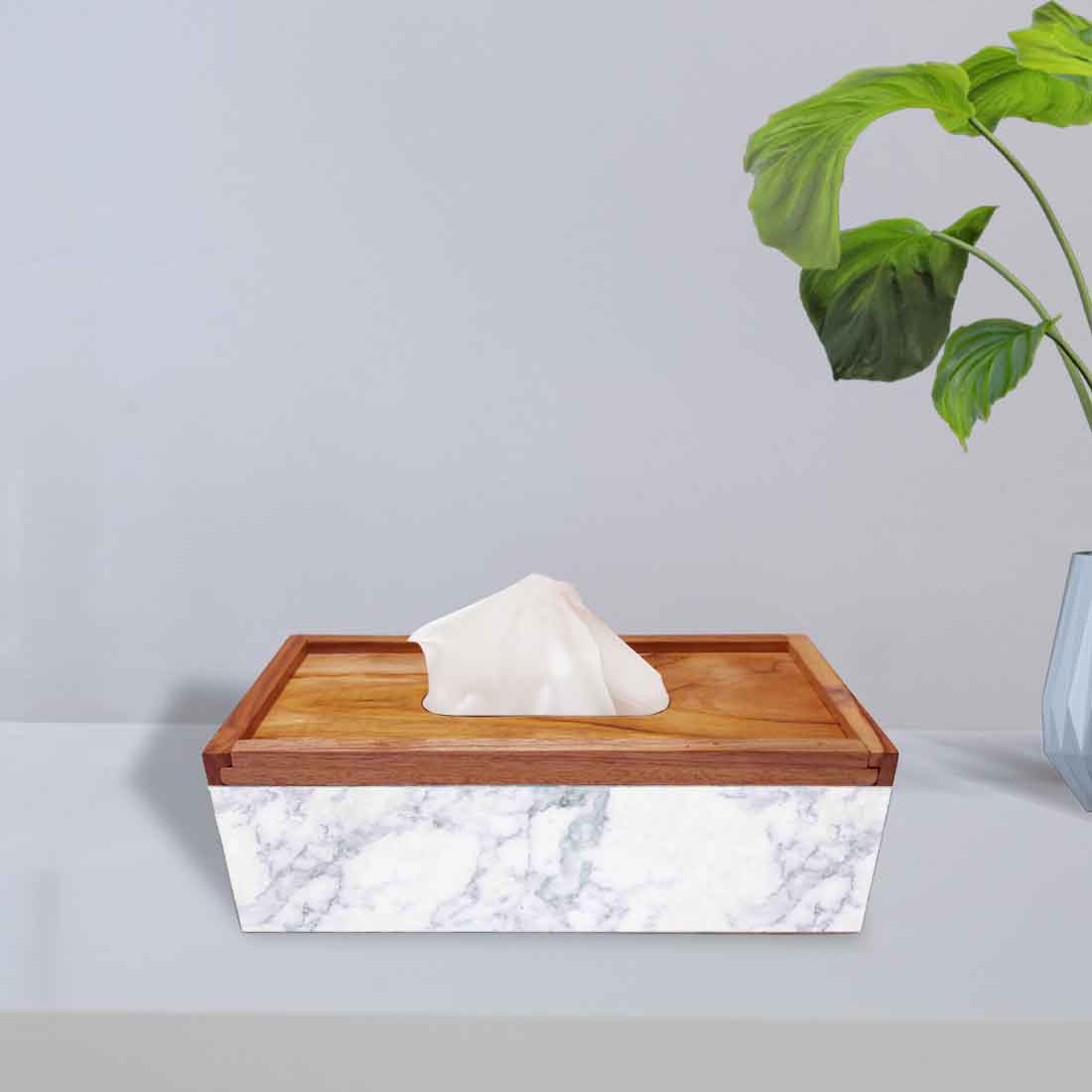 Wooden Tissue Box Cover Holder for Office Car - White Marble - Image 2