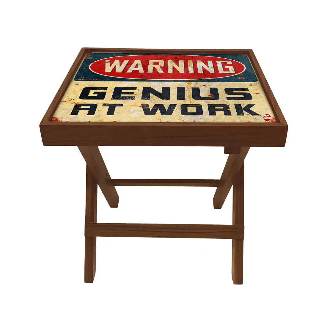 Folding Side Table - Teak Wood -Warning Genius At Work - Image 2