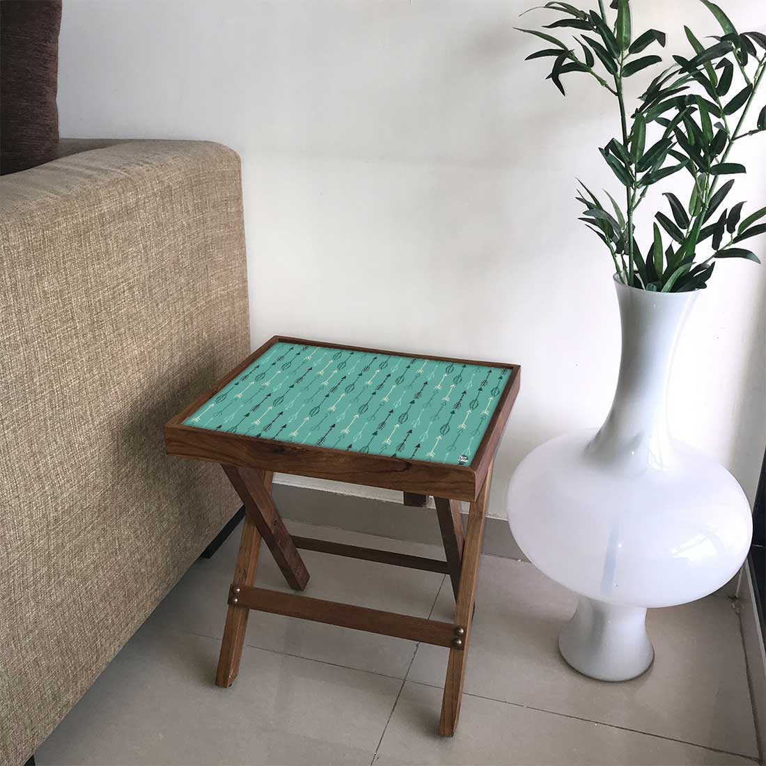 Folding Side Table - Teak Wood -Blue Arrows
