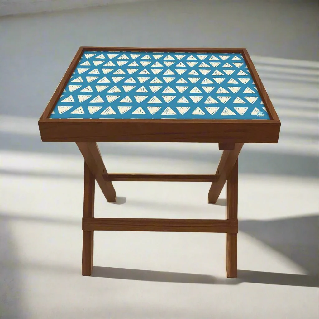 Folding Side Table - Teak Wood -Blue Triangle