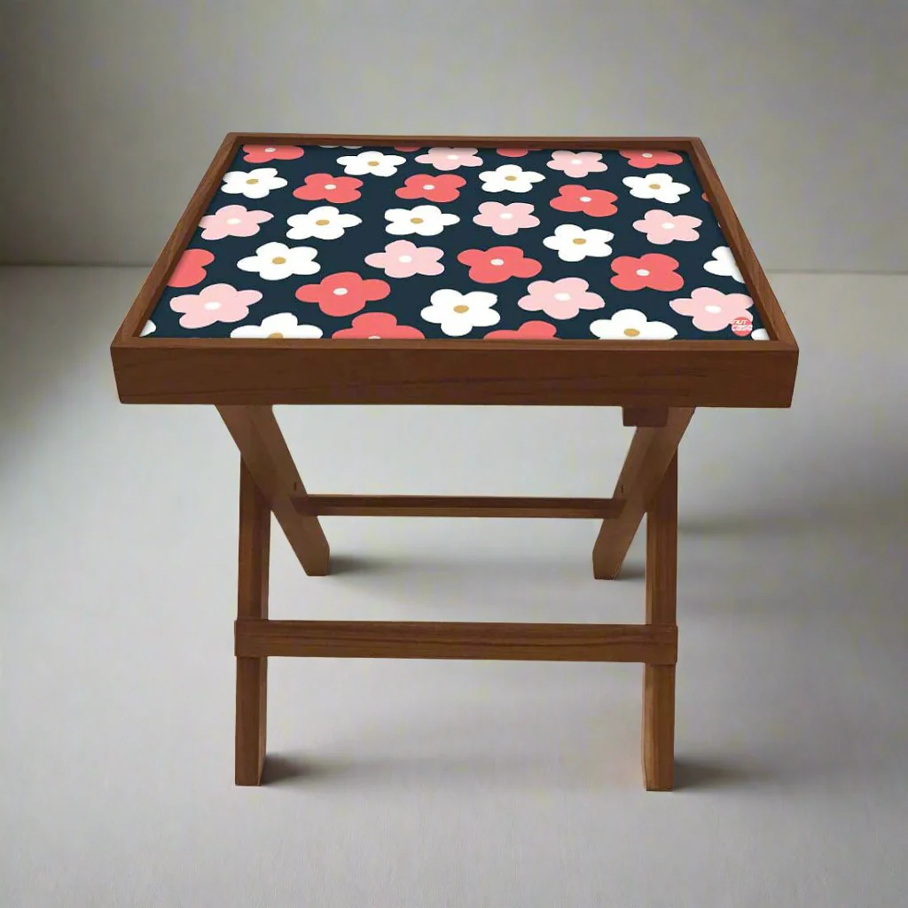 Folding Side Table - Teak Wood -Cute Flower Pink And White