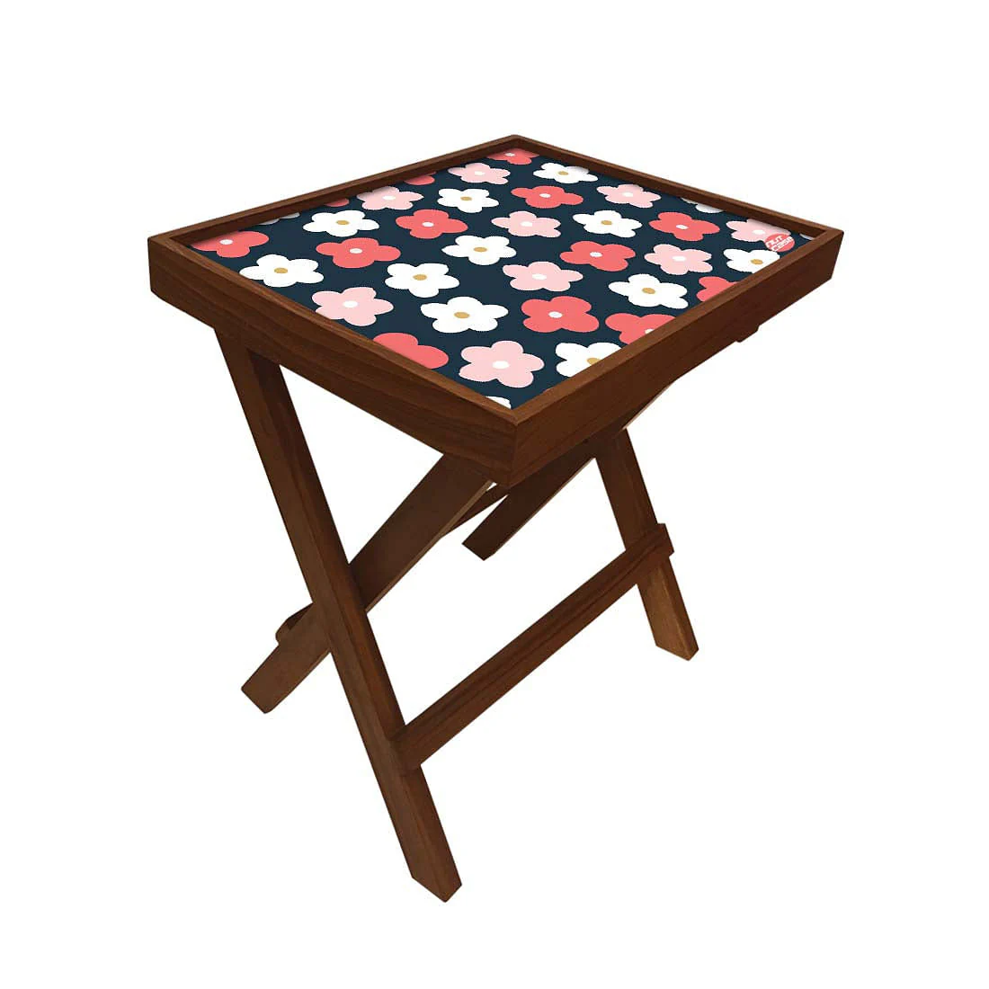 Folding Side Table - Teak Wood -Cute Flower Pink And White - Image 2