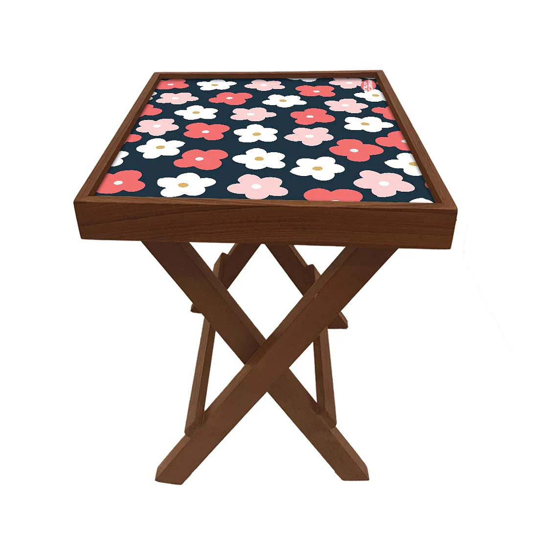 Folding Side Table - Teak Wood -Cute Flower Pink And White - Image 4