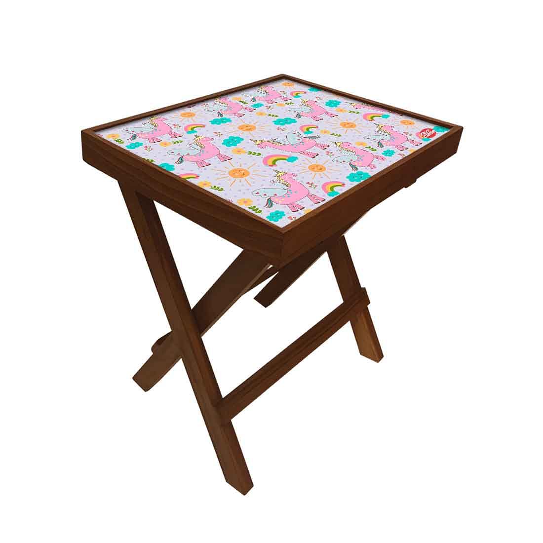 Folding Side Table - Teak Wood -Pink Unicorn - Image 2