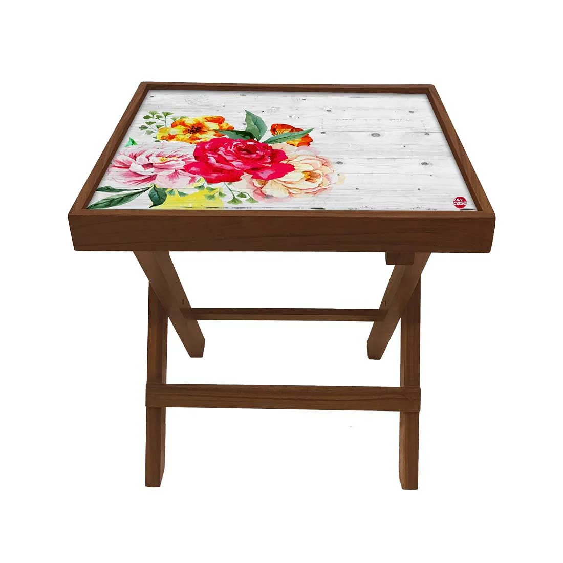 Folding Side Table - Teak Wood - Vintage Wood Floral - Image 2