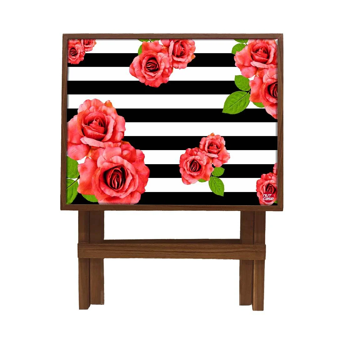 Folding Wooden Bedside Table-Teak Wood-Black & White Floral - Image 4