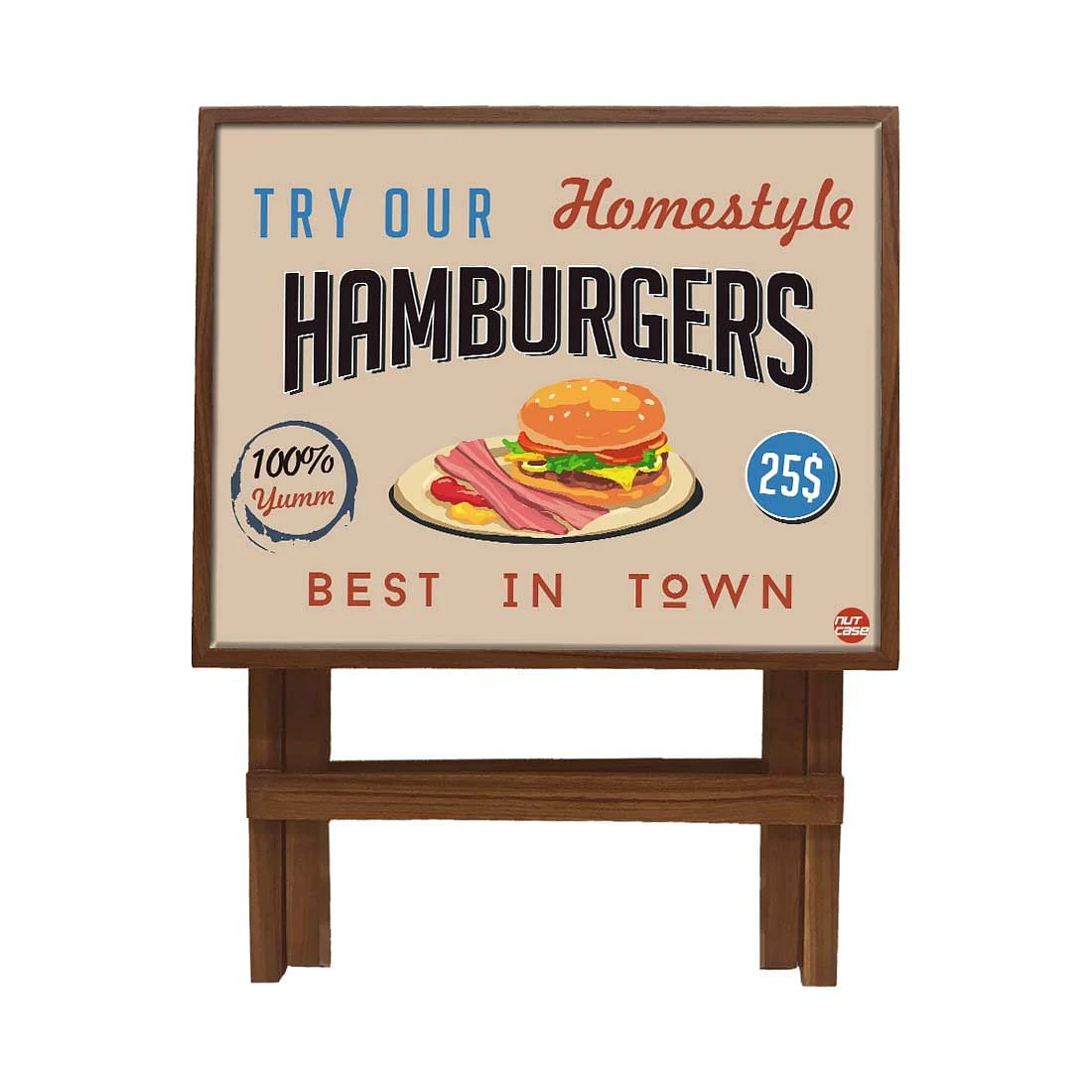 Folding Side Table - Teak Wood - Retro Diner Style Burgers - Image 4