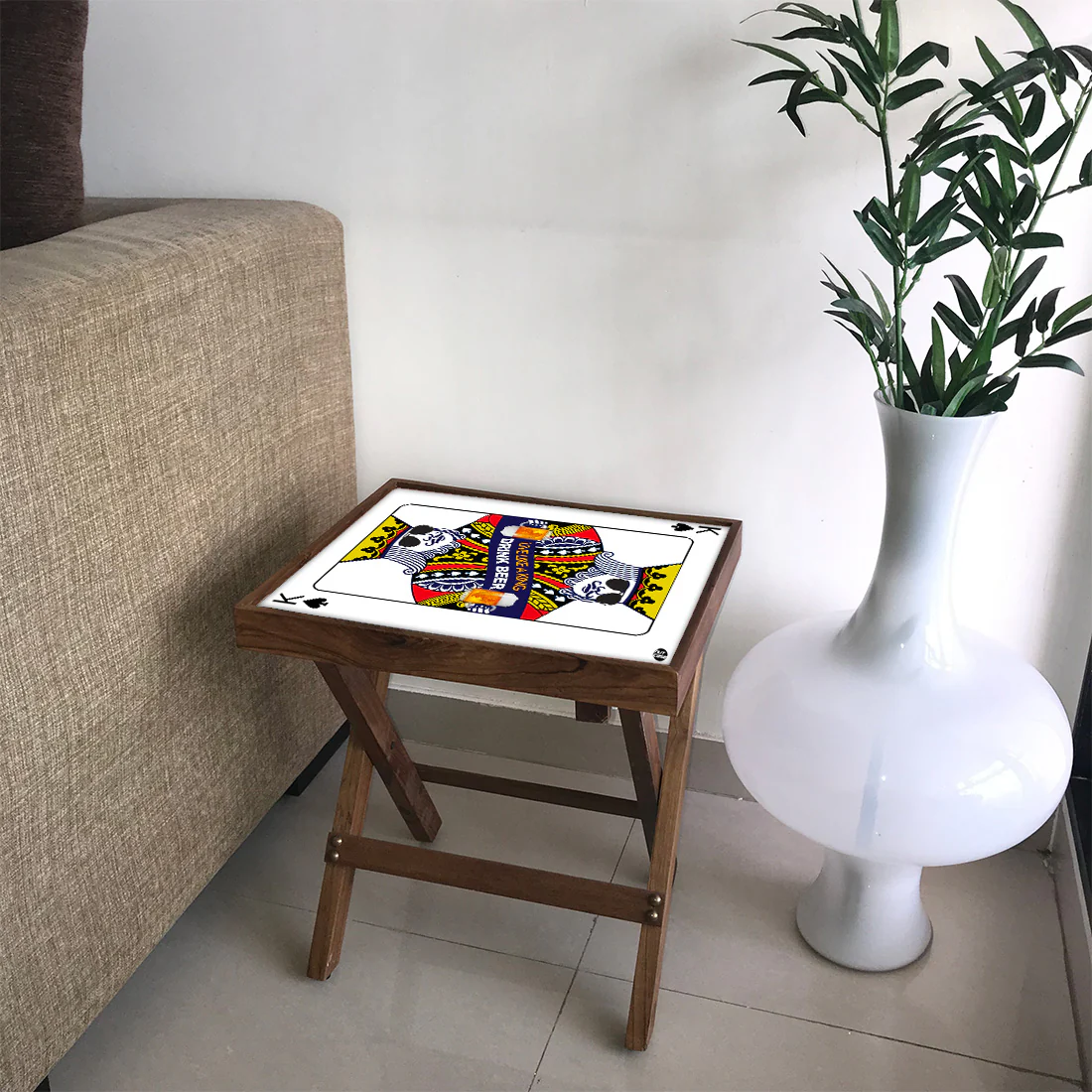 Folding Side Table - Teak Wood - Playing Cards King