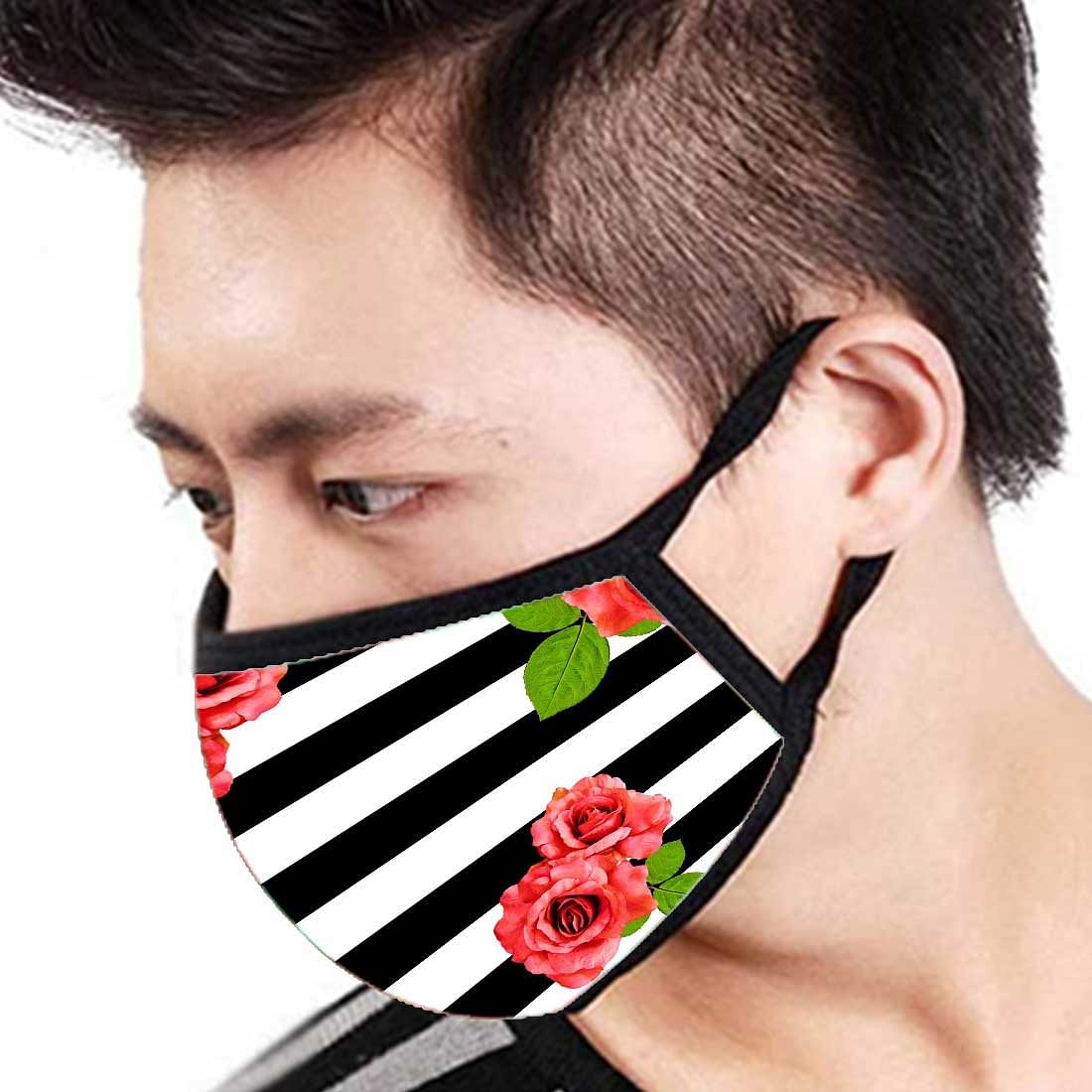 Face Masks Reusable Washable Set Of 2 -Floral_Black_Stripes - Image 3