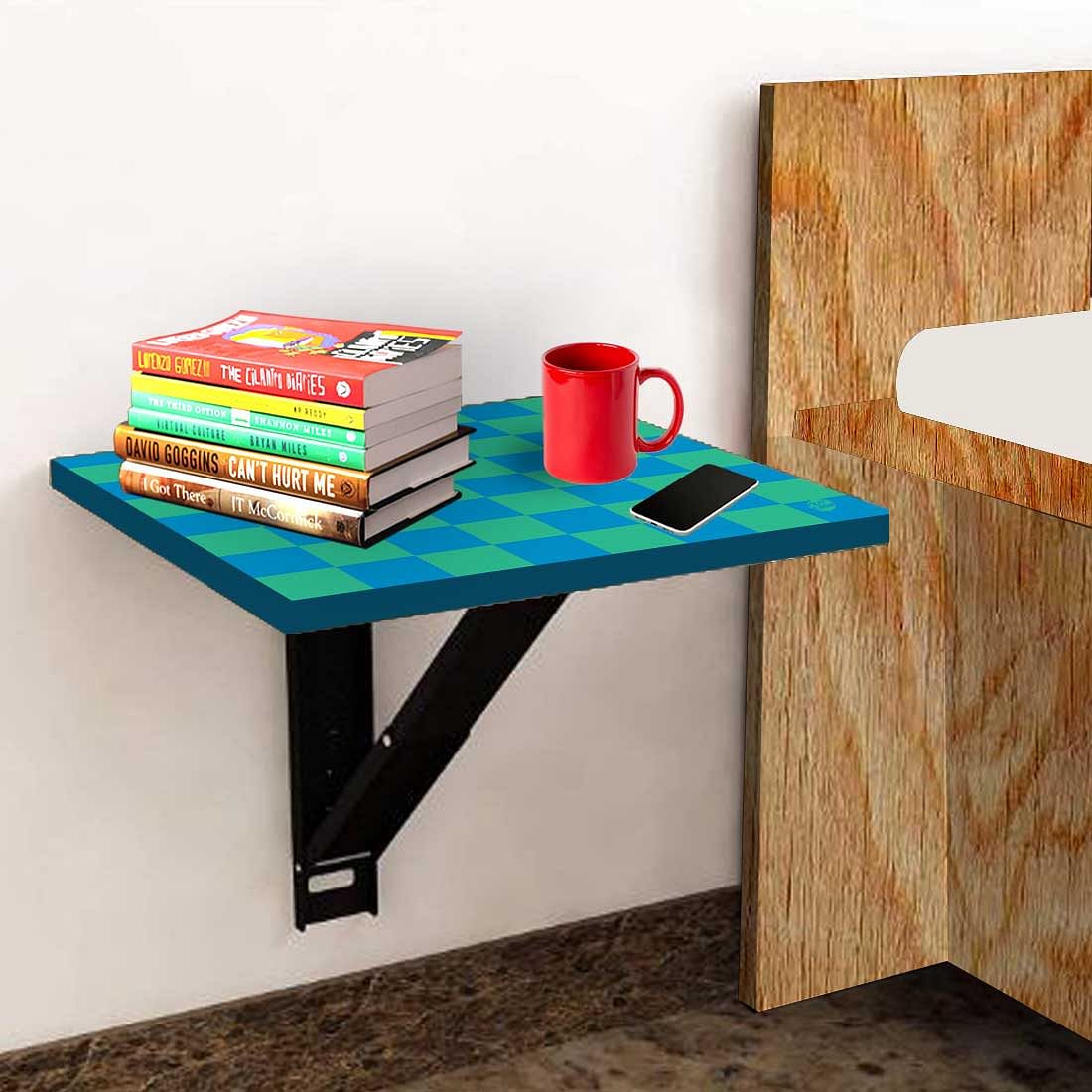Space Saving Bedside Table Foldable   - Blue Green Check - Image 3