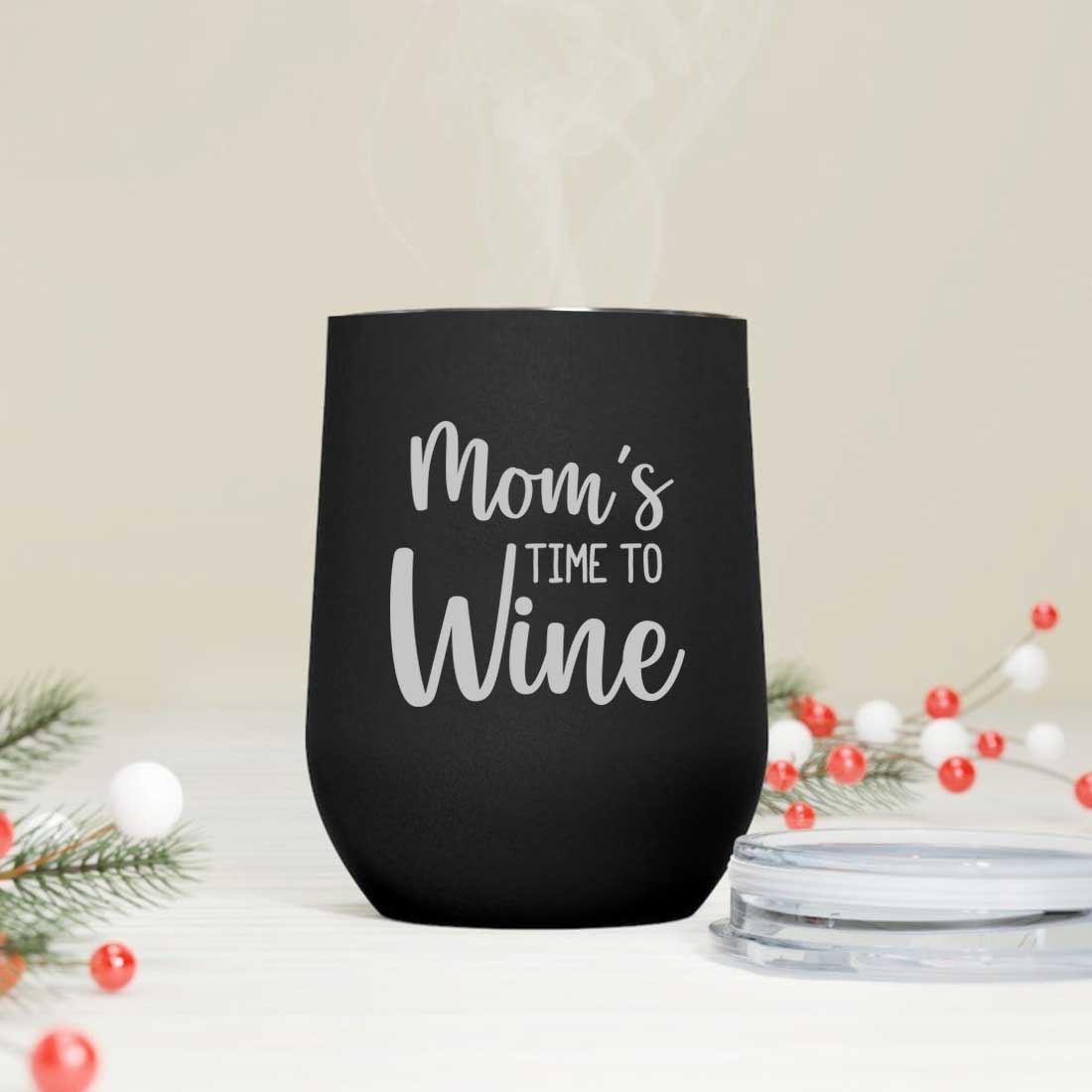 Designer Steel Travel Coffee Flask Mug With Lid Gift for Mothers Day Gifts - Mom's Time To Wine - Image 2