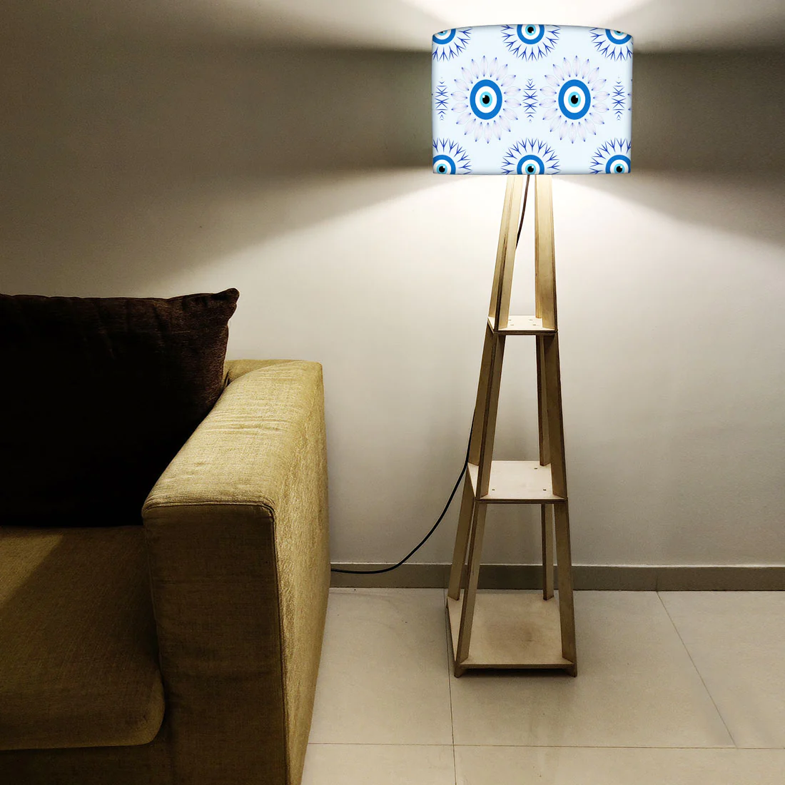 Designer Wooden Tripod Floor Lamp with Shelf for Living Room - Evil Eye Protector - Image 3