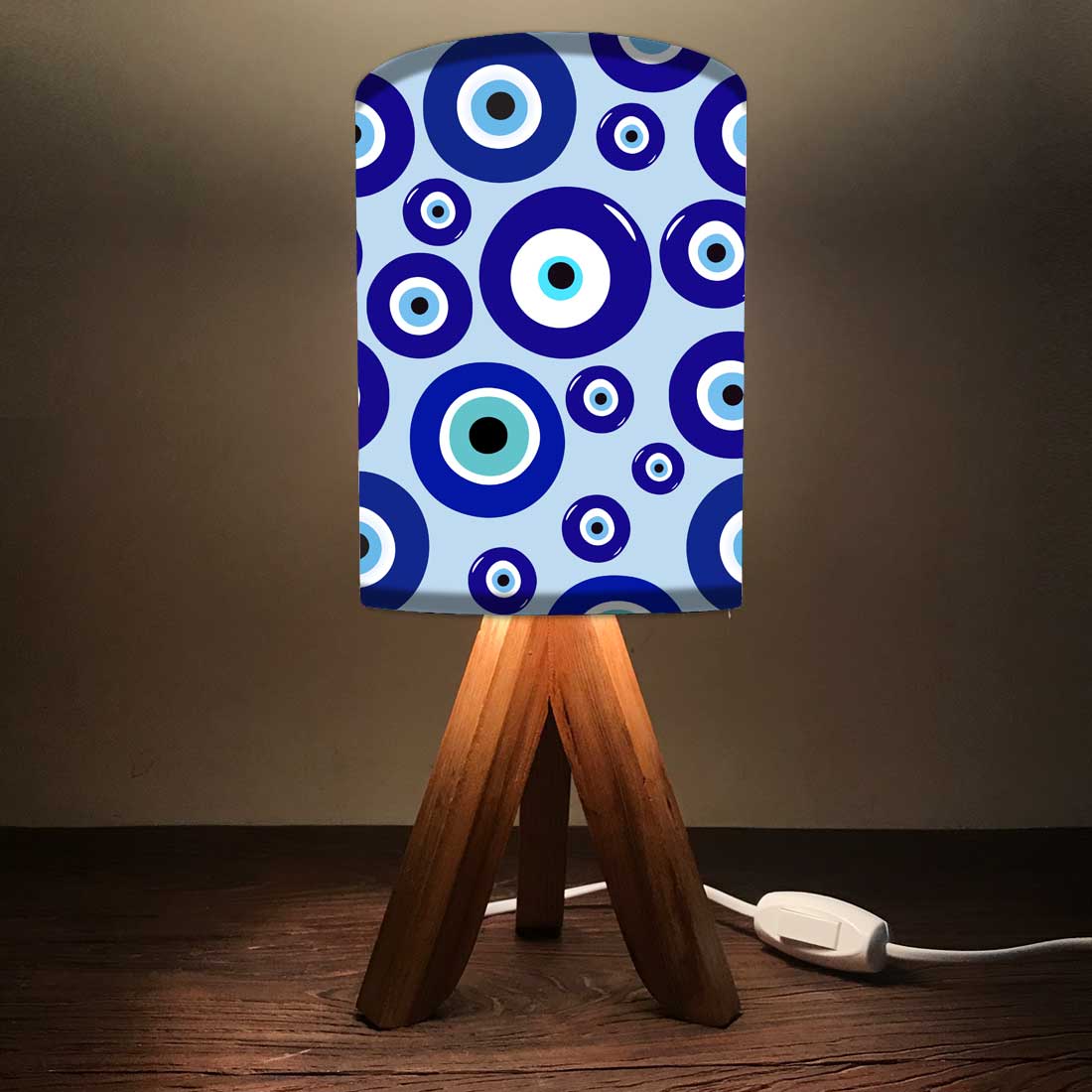Wooden Table Lamp Mini Tripod Lamps for Kids Bedroom-Evil Eye Protector (3W LED Bulb Included)