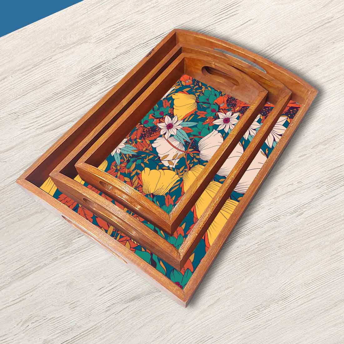 Designer Wooden Tray for Food Serving with Handle Set of 3 - Yellow Flower