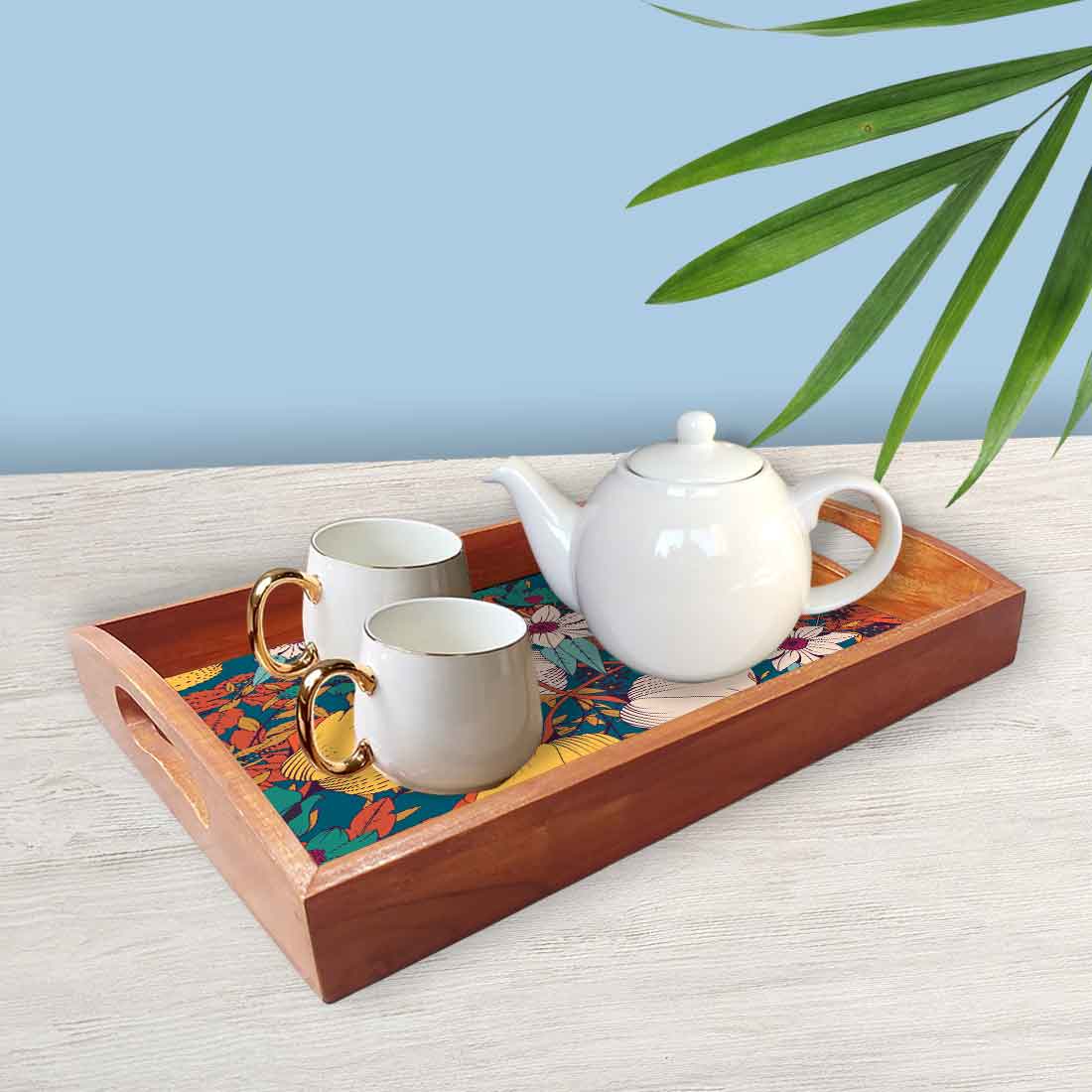Designer Wooden Tray for Food Serving with Handle Set of 3 - Yellow Flower - Image 2