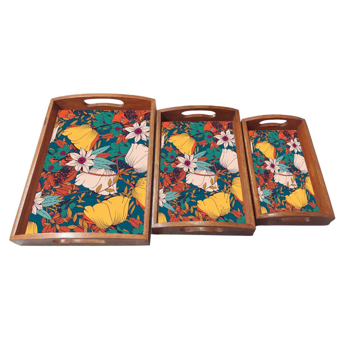 Designer Wooden Tray for Food Serving with Handle Set of 3 - Yellow Flower - Image 4