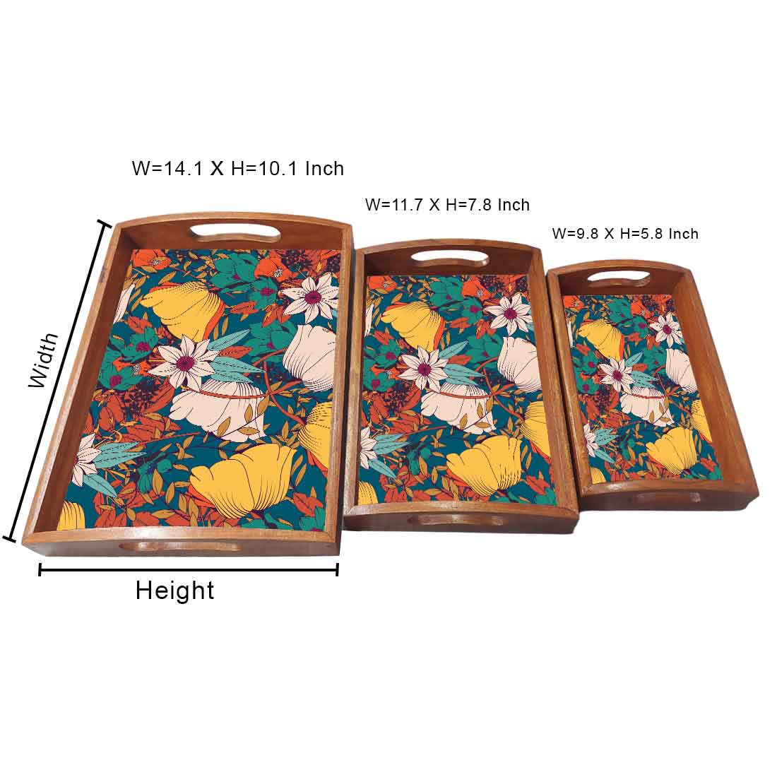 Designer Wooden Tray for Food Serving with Handle Set of 3 - Yellow Flower - Image 5