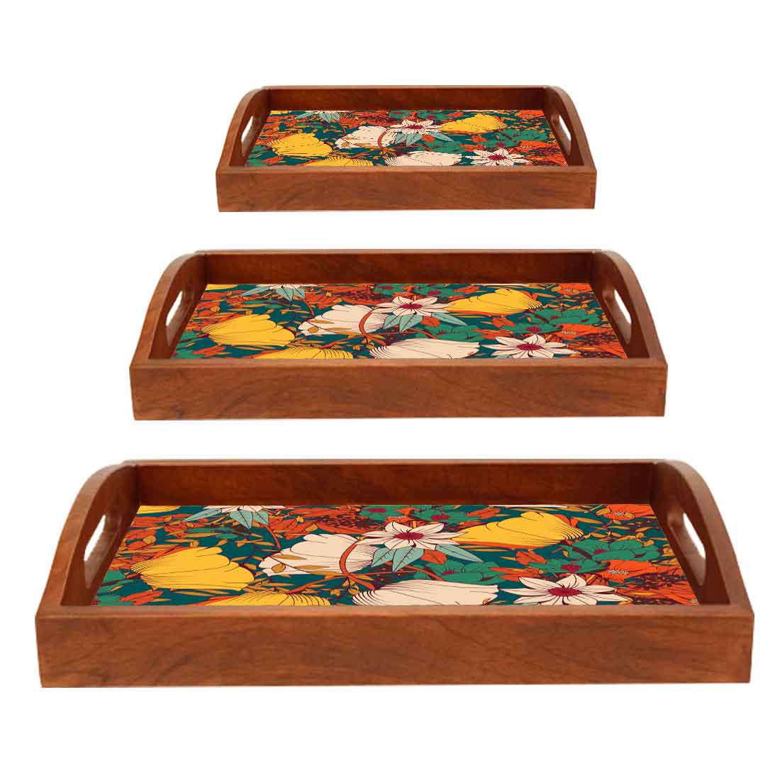 Designer Wooden Tray for Food Serving with Handle Set of 3 - Yellow Flower - Image 6