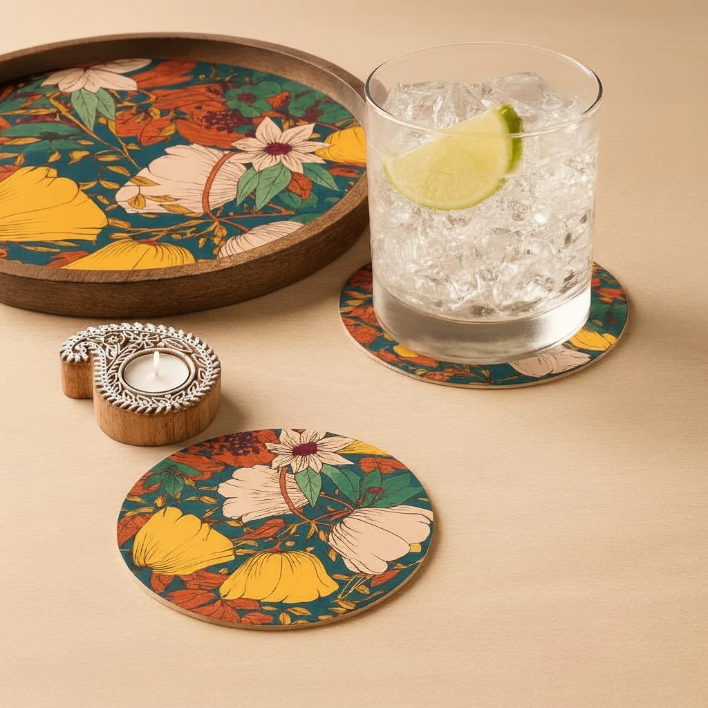 Natural Wood Round Tray with Matching Coasters & Diwali Diya Candle | Festive Gifting Set