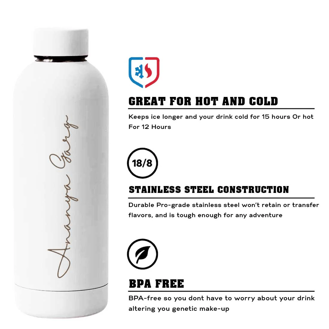 Double Insulated Water Bottle with Name 500ml Stainless Steel Bottles for Office Home Travel- BPA Free, Leakproof - Image 29