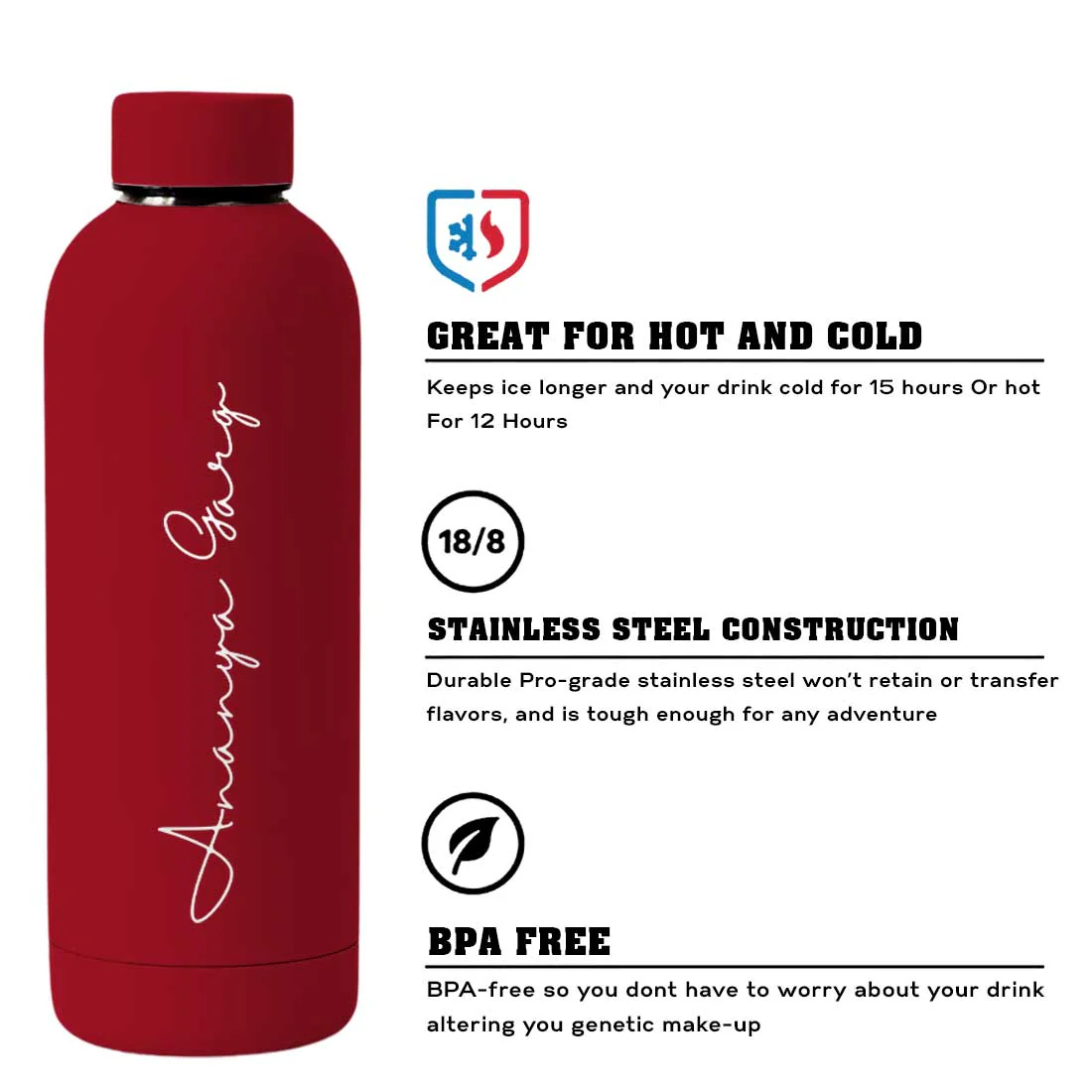 Double Insulated Water Bottle with Name 500ml Stainless Steel Bottles for Office Home Travel- BPA Free, Leakproof - Image 56