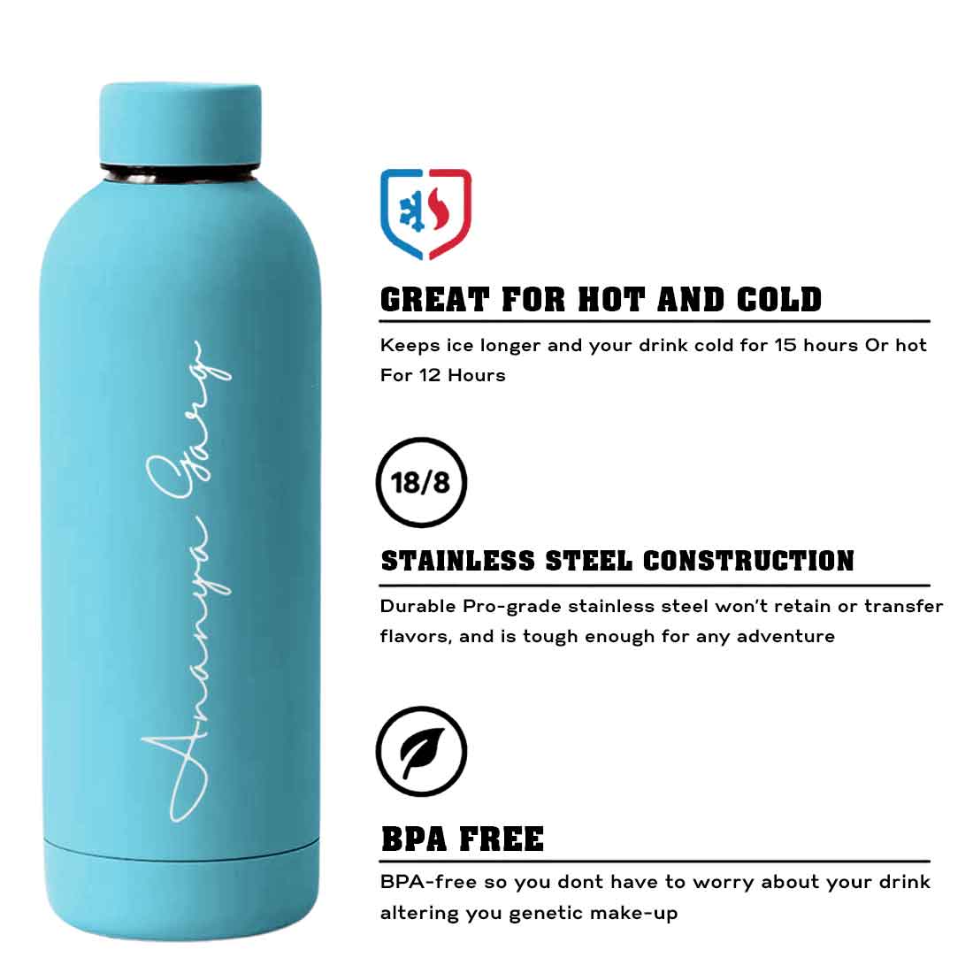 Double Insulated Water Bottle with Name 500ml Stainless Steel Bottles for Office Home Travel- BPA Free, Leakproof - Image 77