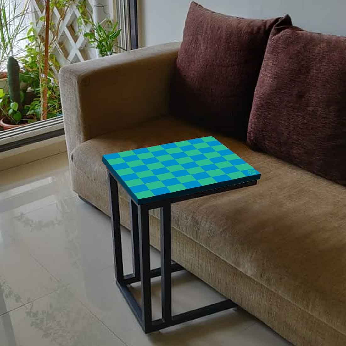 C Shaped Metal Table For Sofa - Blue Green Check