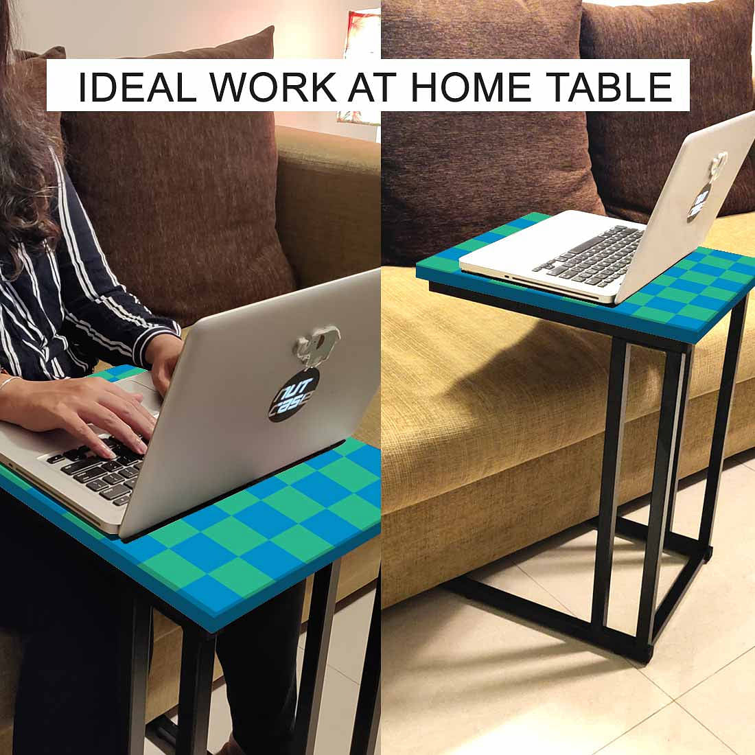 C Shaped Metal Table For Sofa - Blue Green Check - Image 6