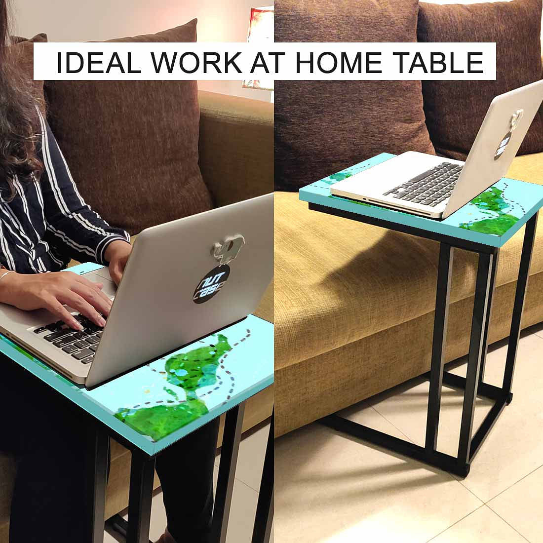 Nutcase Design C Shaped Side Table for Laptop Work on Sofa Couch-Study Breakfast Snack Serving End Tables -_Sky Blue Map Design - Image 6