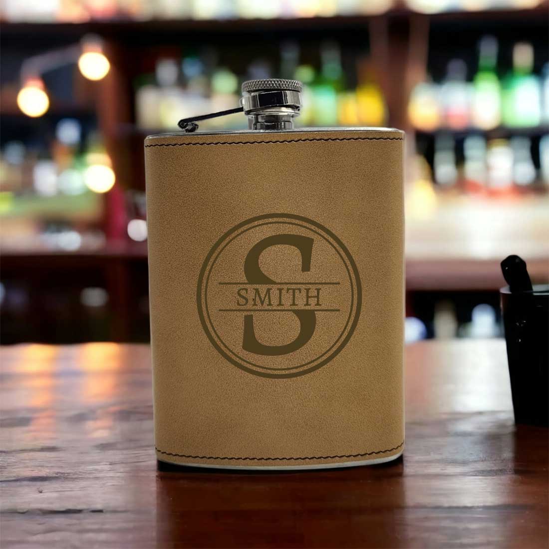 Customized Faux Leather Hip Flask Engraved Alcohol Flasks - Circle Monogram - Image 3