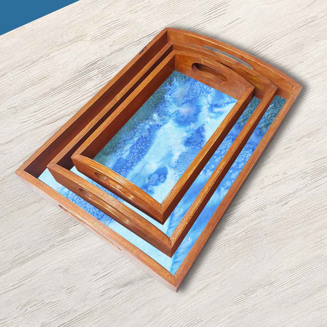 Wooden Rectangular Tray with Handles Set of 3 for Tea Coffee Serving