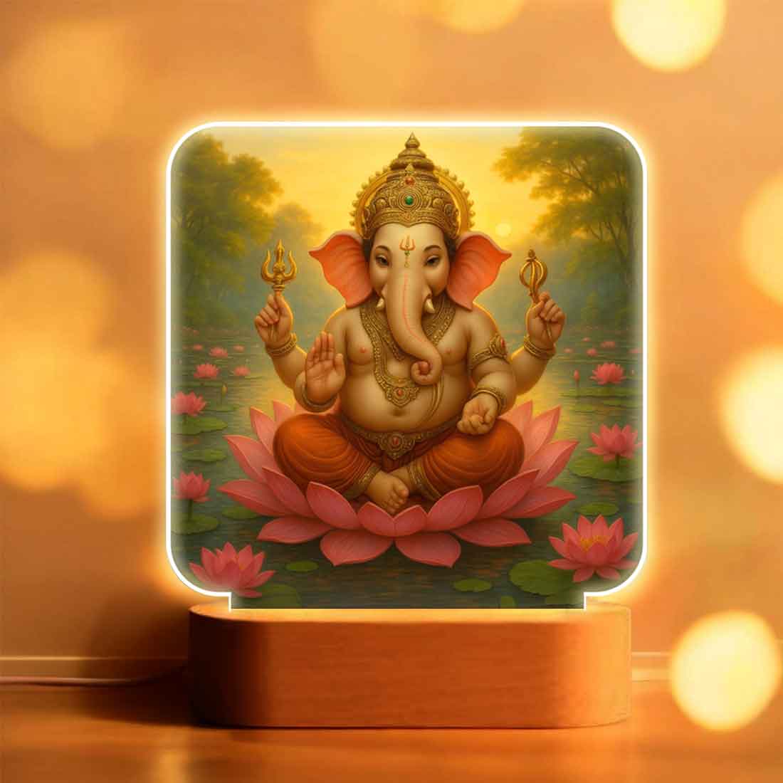 Ganesh Night Lamp with Wooden Base – Perfect for Home Mandir, Diwali & Housewarming Gifts